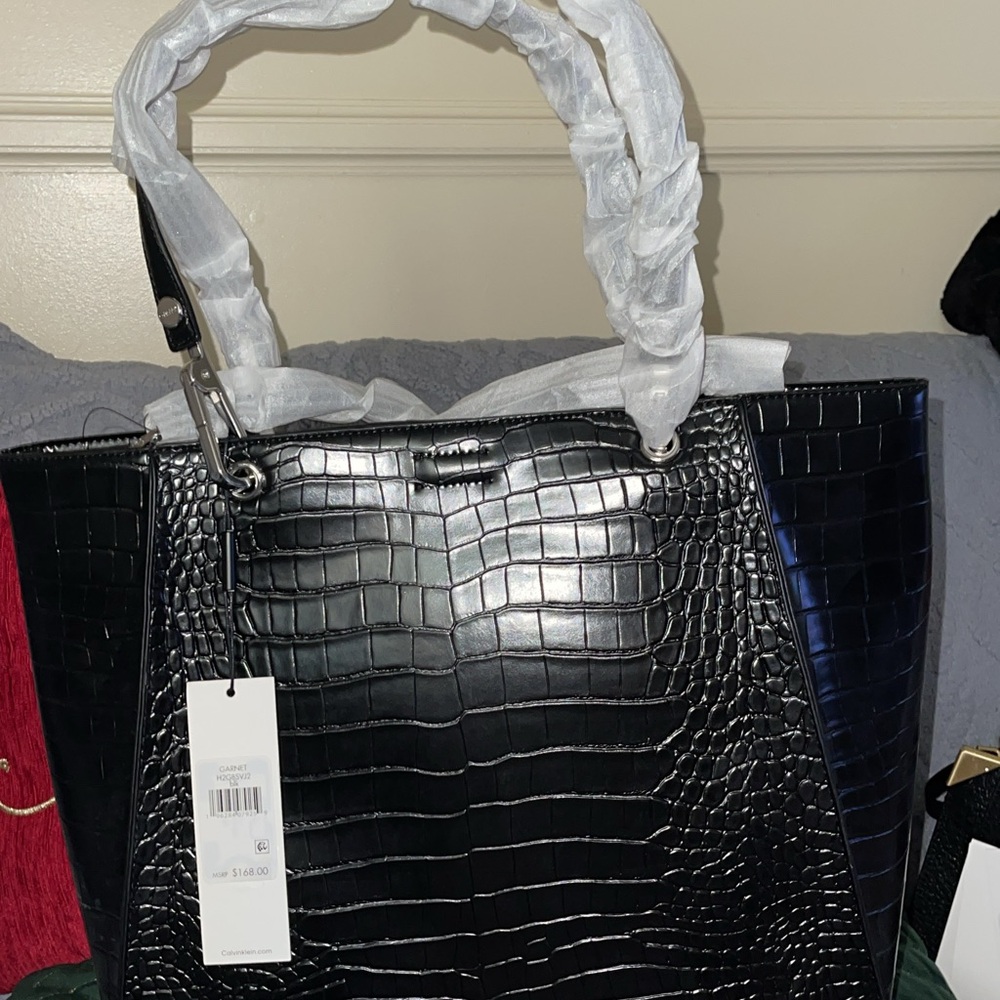 Black Croc-Embossed Tote Bag